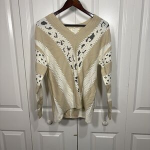 Women’s S V Neck Knit Sweater Beige Cream Striped Animal Print Boho Fall Cozy